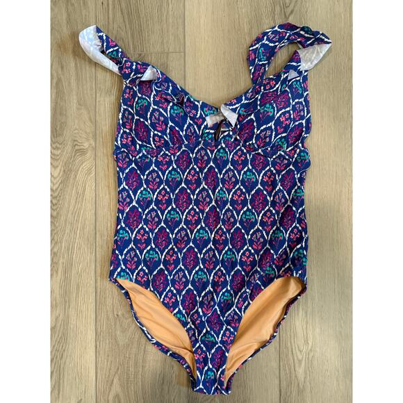J.Crew Floral Ruffle Girly UPF 50+ V-neck One Piece Stretch Swimsuit Large - Picture 1 of 4